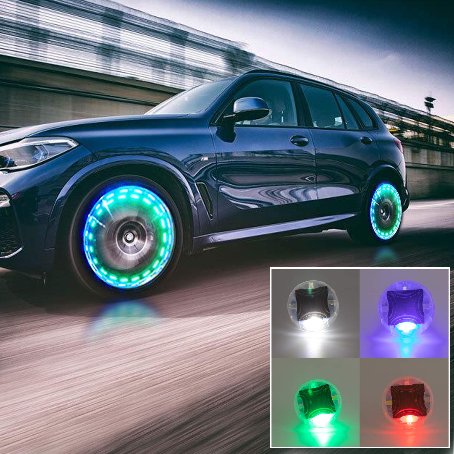 Cocsmart Car Tire Wheel Lights, 4Pcs Air Valve Hub Lamp Cap Light With Motion Sensors Colorful Led Tire Light Gas Nozzle,For Car